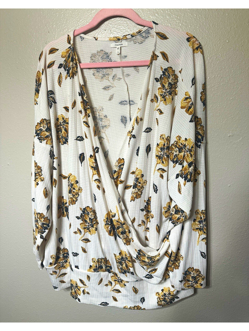 Maurices Womens Size 3x Floral Waffle Knit  Ivory Mustard Surplice Long Sleeve